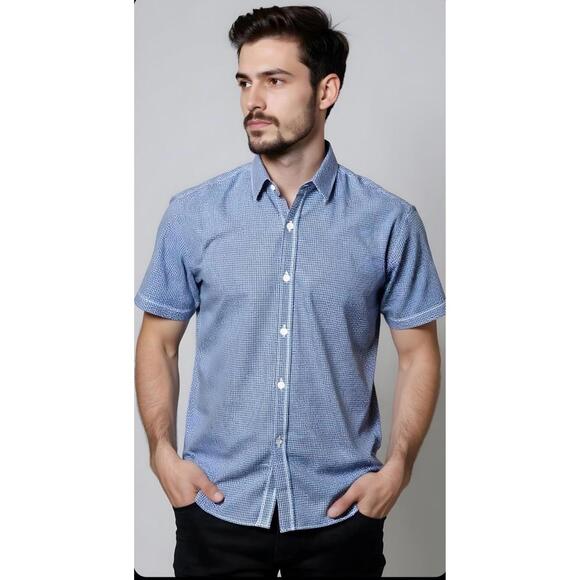 THEORY Men’s ZACK PS Short Sleeve Cotton Button-Up Shirt in Blue Check-XL - Picture 1 of 11